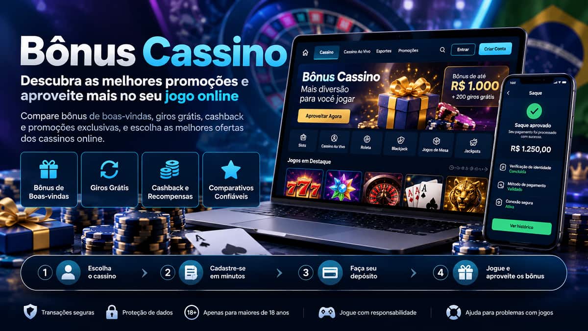 Banner azul e roxo de Bônus Cassino com notebook, celular, fichas, presentes e promoções para jogadores do Brasil.