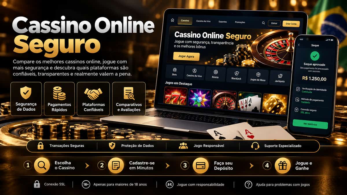 Banner de Cassino Online Seguro com notebook, celular, roleta, fichas, cartas e elementos de segurança para jogadores do Brasil.