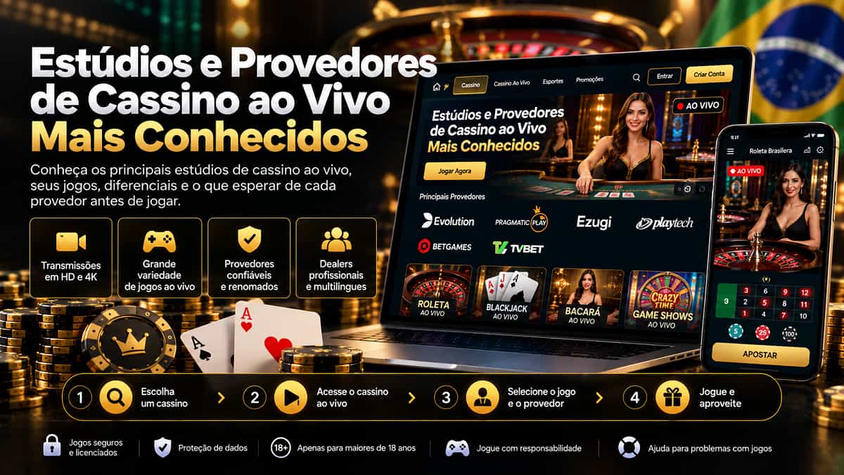 Banner de Estúdios e Provedores de Cassino ao Vivo Mais Conhecidos com notebook, celular, roleta e jogos ao vivo.