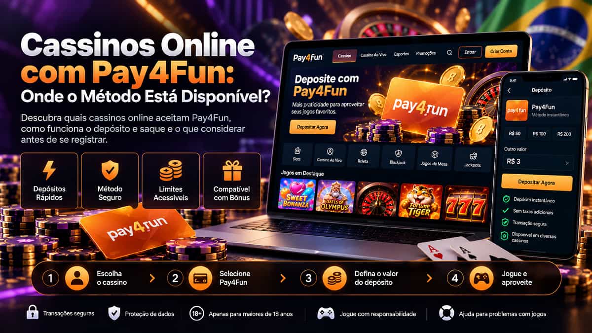 Cassinos Online com Pay4Fun: Onde o Método Está Disponível? em banner com notebook, celular e tela de depósito.