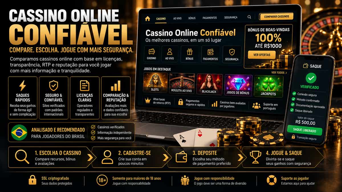 Banner em preto e dourado de Cassino Online Confiável com notebook, celular, fichas, cartas e roleta.