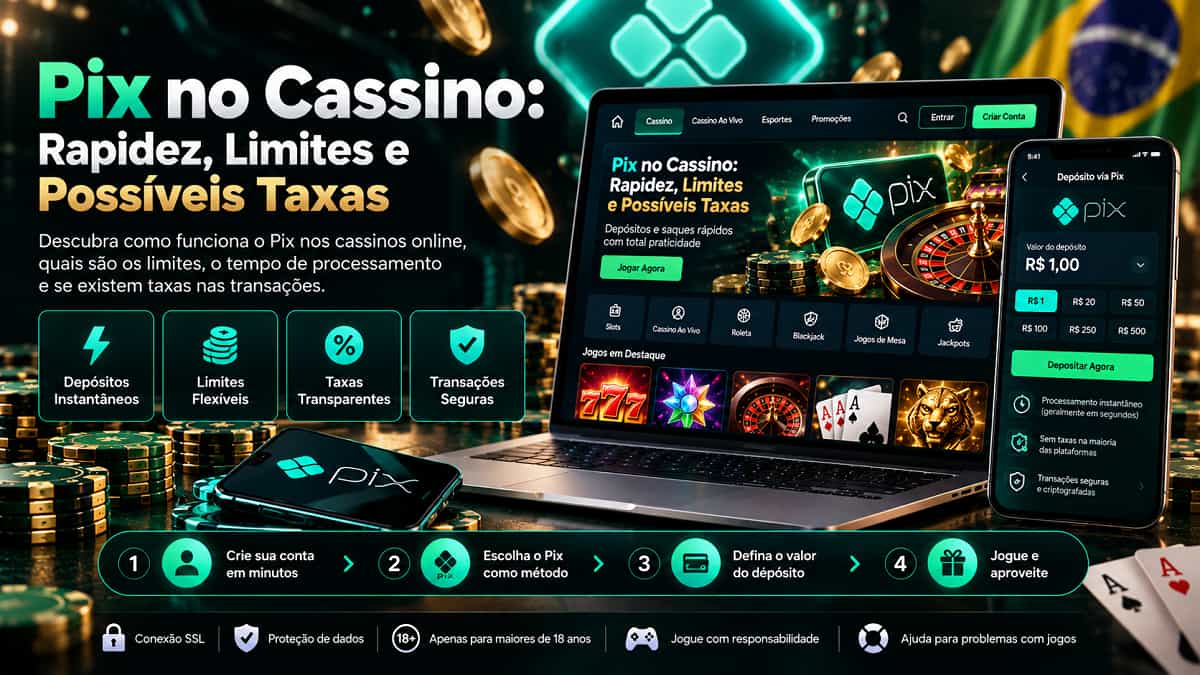 Banner de Pix no Cassino: Rapidez, Limites e Possíveis Taxas com notebook, celular, fichas e tela de depósito via Pix.
