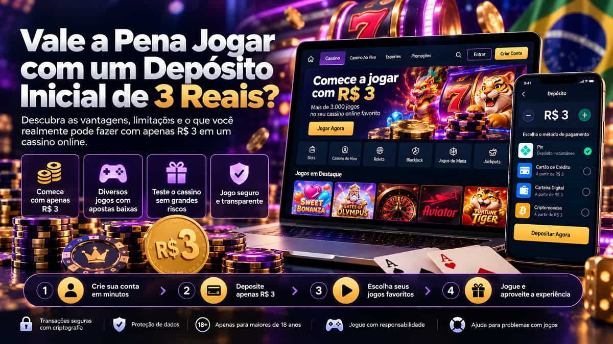 Banner de Vale a Pena Jogar com um Depósito Inicial de 3 Reais? com notebook, celular, fichas e depósito de R$ 3.