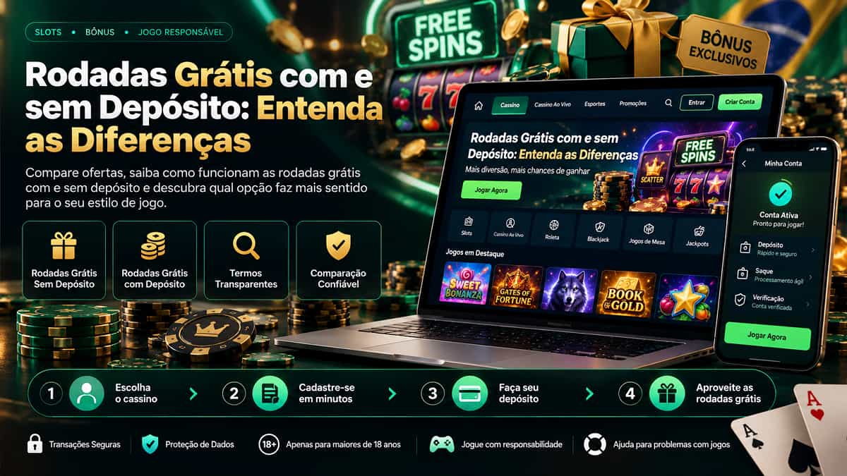 Banner de Rodadas Grátis com e sem Depósito: Entenda as Diferenças com notebook, celular, bônus e fichas de cassino.
